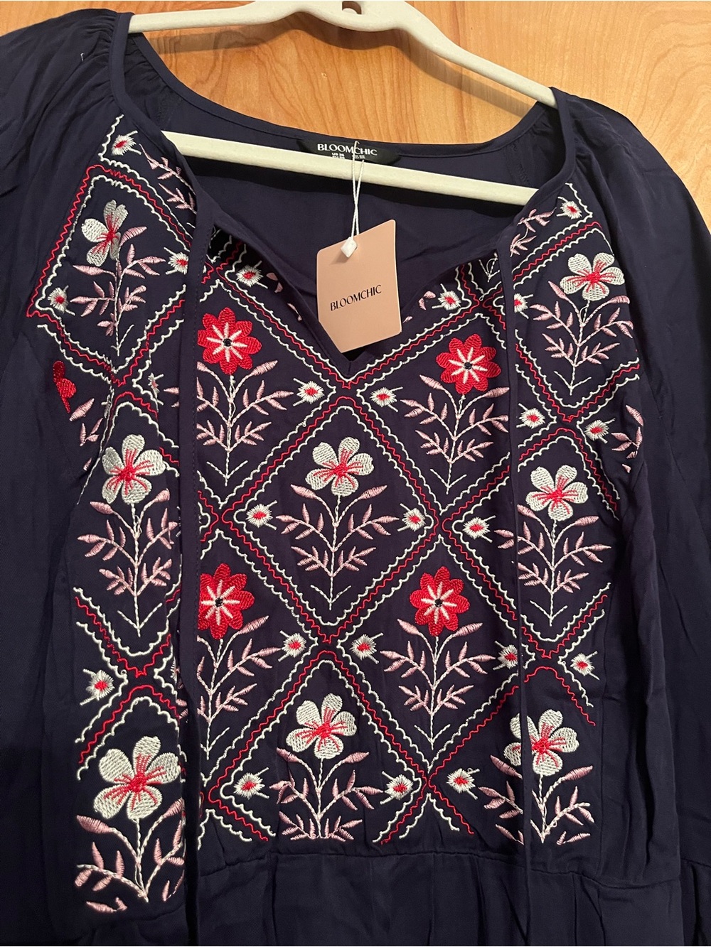 BloomChic Navy Embroidered Midi Dress with Pink & White Accents - Picture 2 of 5